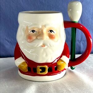 🌞 Holiday Time red Santa Clause Christmas Taza Mug hole in handle for spoon